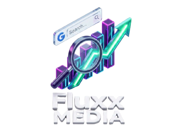 Fluxx Media SEO growth graphic — search bar, magnifying glass, and rising traffic chart