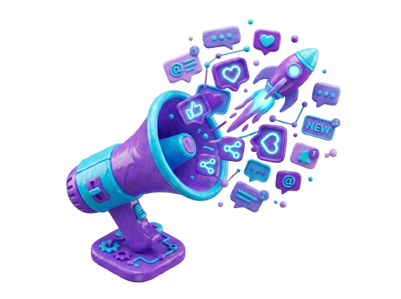 Fluxx Media social media growth graphic — megaphone with like, comment, and share icons